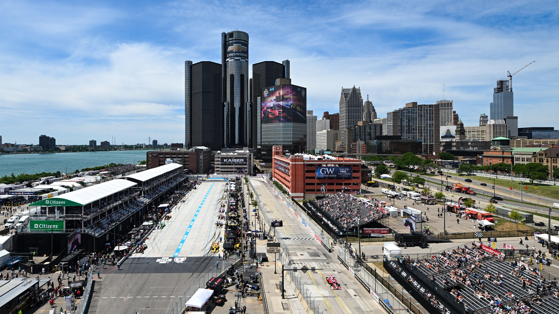 A view of the skyline and pit lane at Detroit in 2024